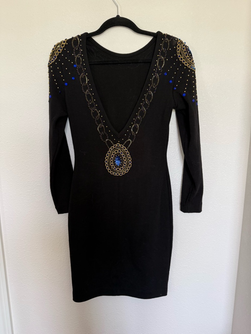 Vintage 80s Black Beaded Dress Open Back Glam Art Deco Cocktail Bodycon - Picture 9 of 10